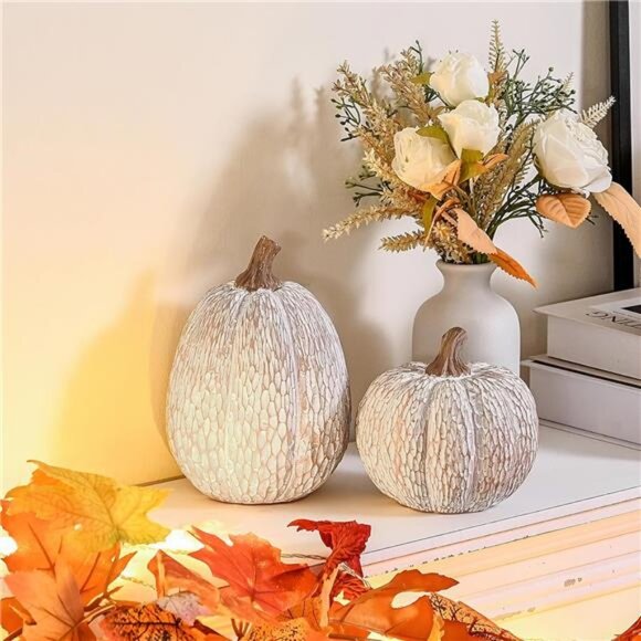 Artificial Pumpkin Decor Set of 2 White Brown Resin Pumpkins Fall Thanksgiving - Picture 6 of 7